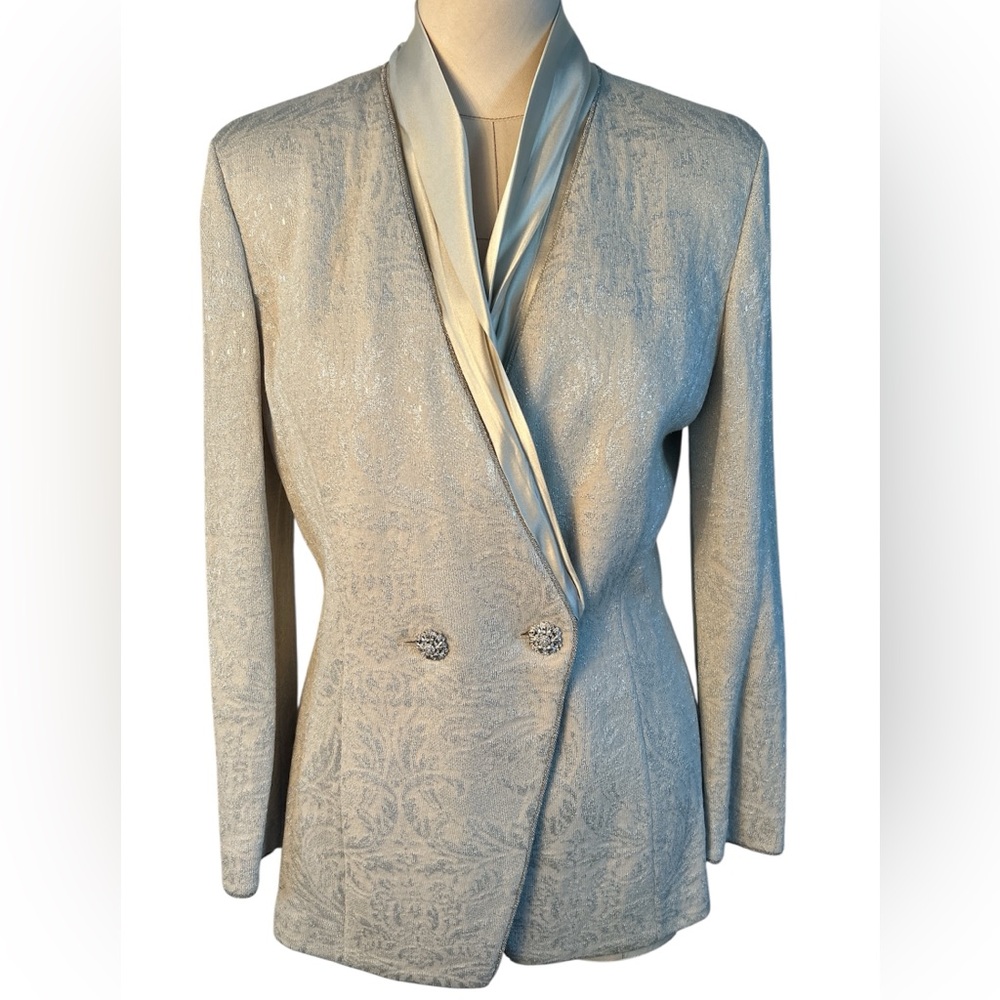 St.John metallic pailette shawl collar knit jacket cream Sz 8